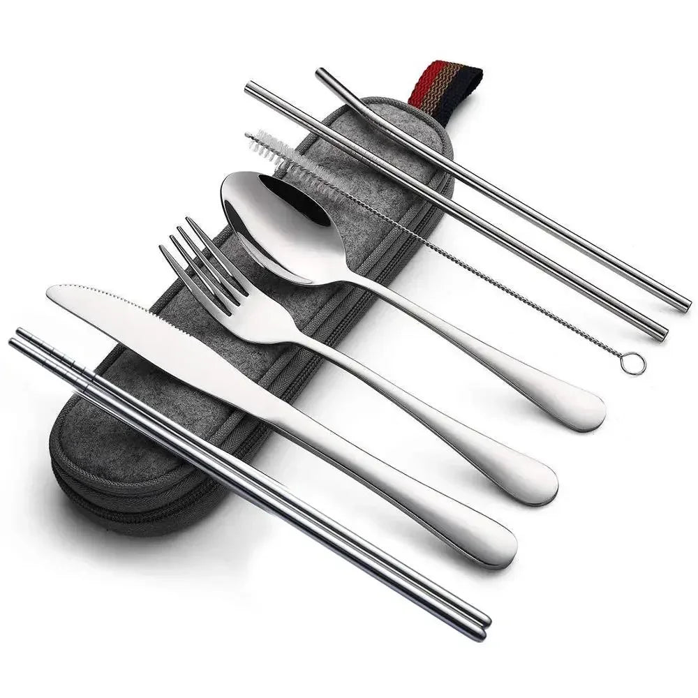 8Pcs/set Tableware Reusable Travel Cutlery Set Camp Utensils Set with stainless steel Spoon Fork Chopsticks Straw Portable case - Image 8