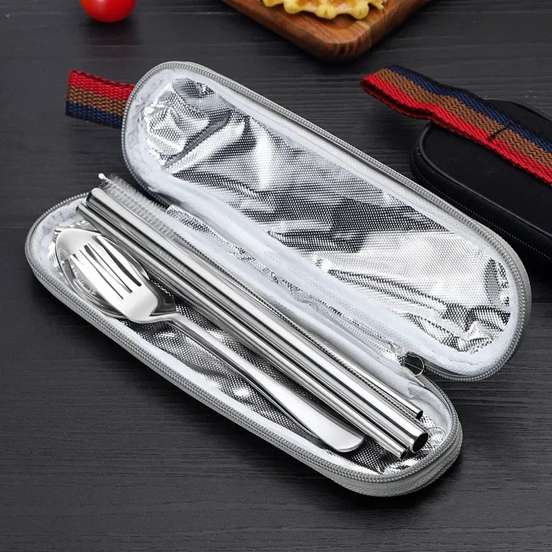 8Pcs/set Tableware Reusable Travel Cutlery Set Camp Utensils Set with stainless steel Spoon Fork Chopsticks Straw Portable case - Image 4