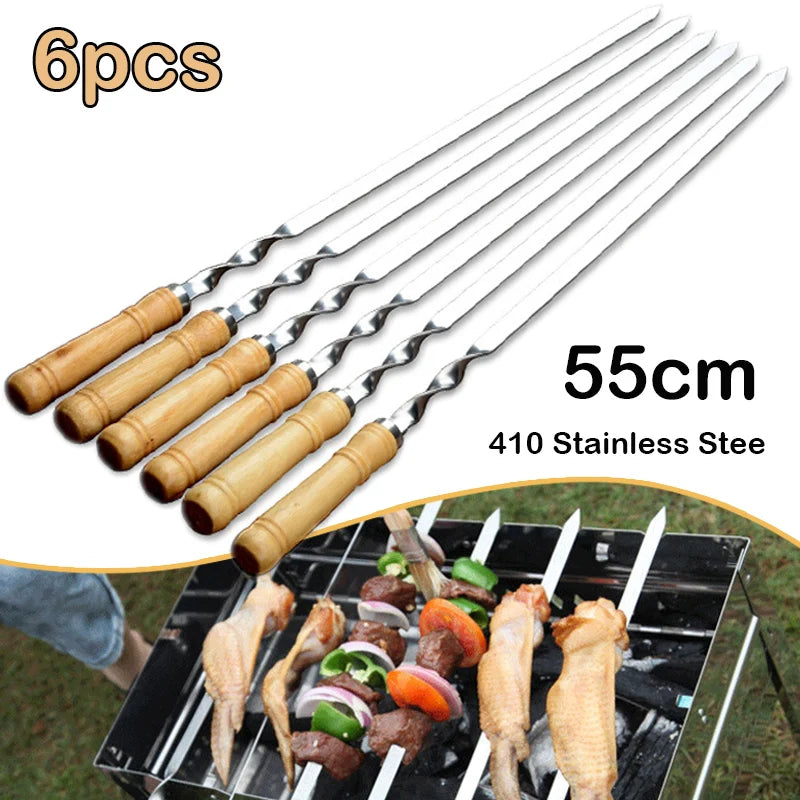 55cm Large Reusable BBQ Skewer – Stainless Steel with Wooden Handle