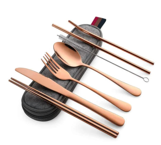 8Pcs/set Tableware Reusable Travel Cutlery Set Camp Utensils Set with stainless steel Spoon Fork Chopsticks Straw Portable case - Image 10