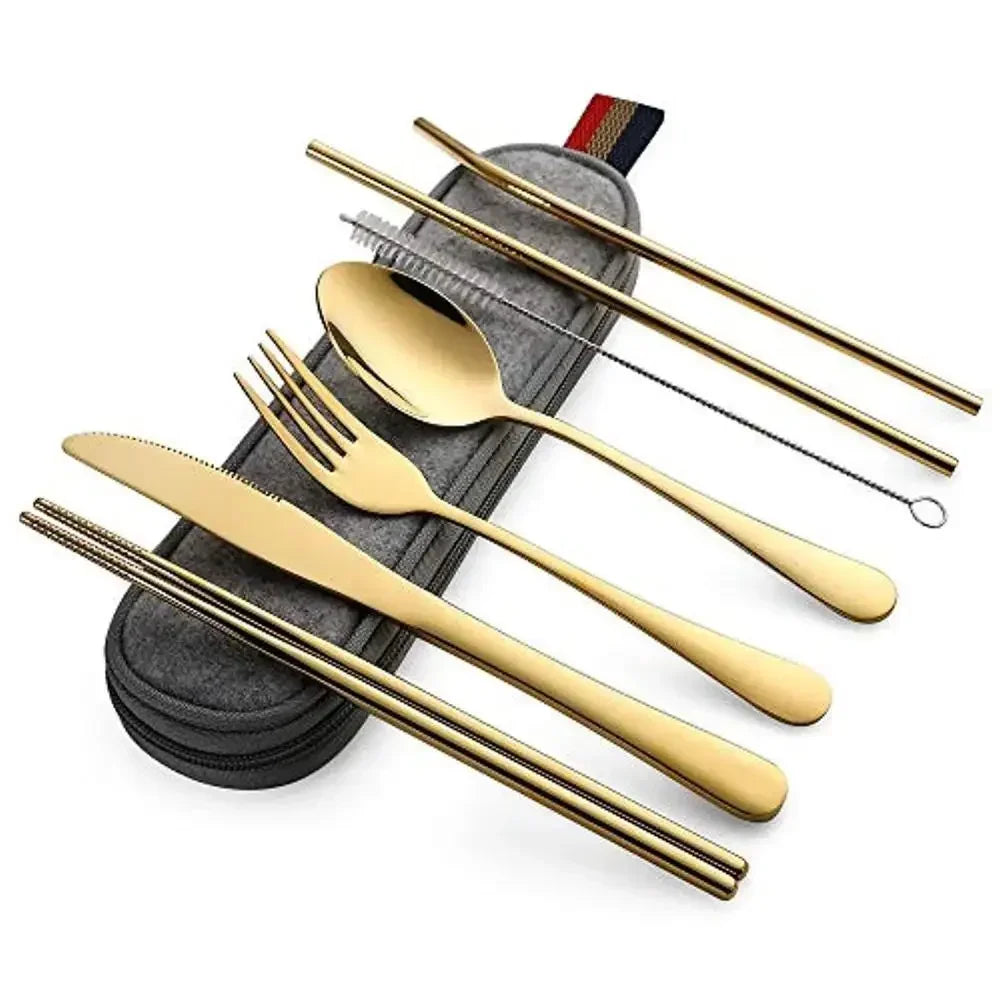 8Pcs/set Tableware Reusable Travel Cutlery Set Camp Utensils Set with stainless steel Spoon Fork Chopsticks Straw Portable case - Image 9