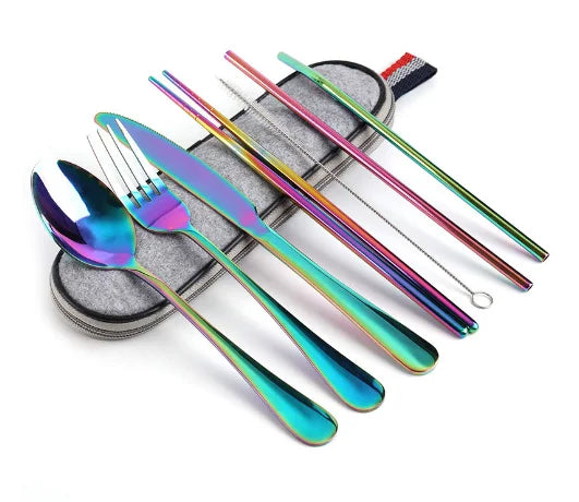 8Pcs/set Tableware Reusable Travel Cutlery Set Camp Utensils Set with stainless steel Spoon Fork Chopsticks Straw Portable case - Image 7