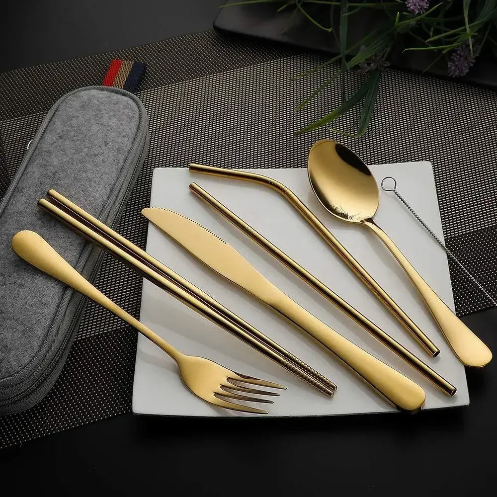 8Pcs/set Tableware Reusable Travel Cutlery Set Camp Utensils Set with stainless steel Spoon Fork Chopsticks Straw Portable case - Image 3